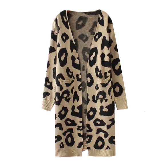 SOLD OUT Beige Leopard Open Cardigan W/ Pockets One Size - Picture 5 of 5